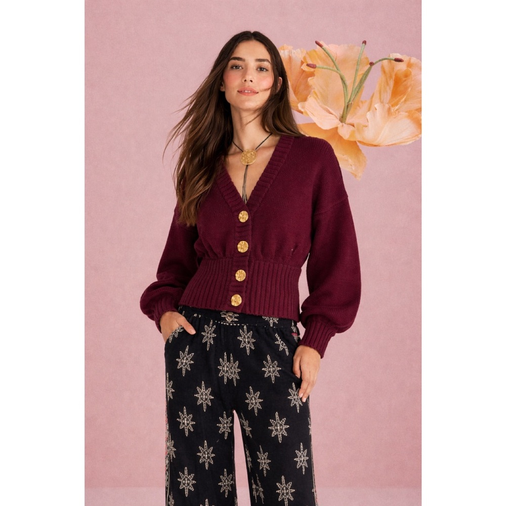 FARM Rio | Burgundy Bubble Long Sleeve Knit Cardigan with Gold Buttons ~ Small